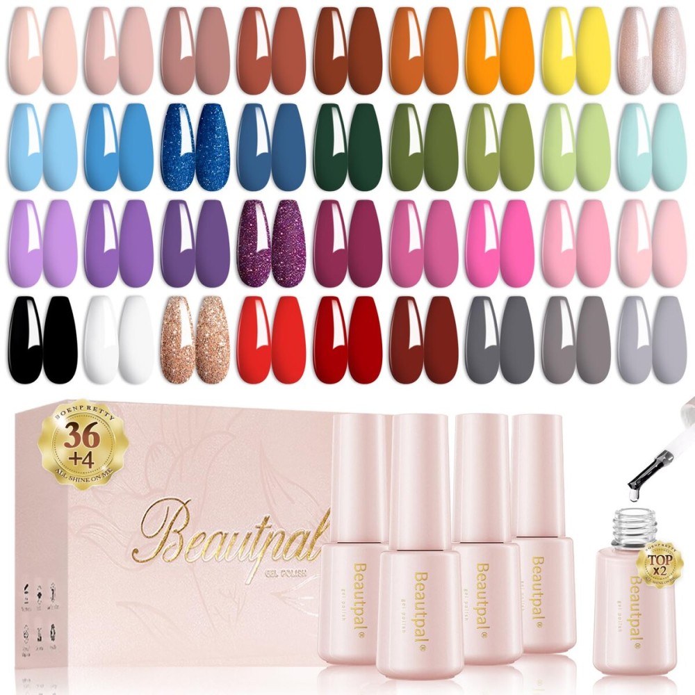 Beautpal 40 PCS Gel Nail Polish Set All Seasons Collection 36 Colors Gel Polish 7ml Popular Nude Pink Pastel Nail Polish Starter Kit for Nail Art DIY at Home