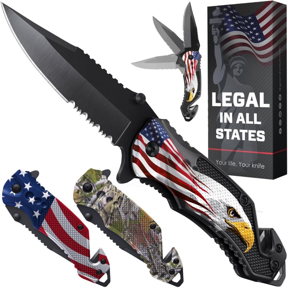 Patriotic Legal Pocket Knife Bald Eagle - 2.95 Serrated Sharp Blade - Small Tactical Knives with US American Flag for Men Dad - Best Folding Tool - Gifts for Him - Mens Birthday Gift Ideas 6680 E