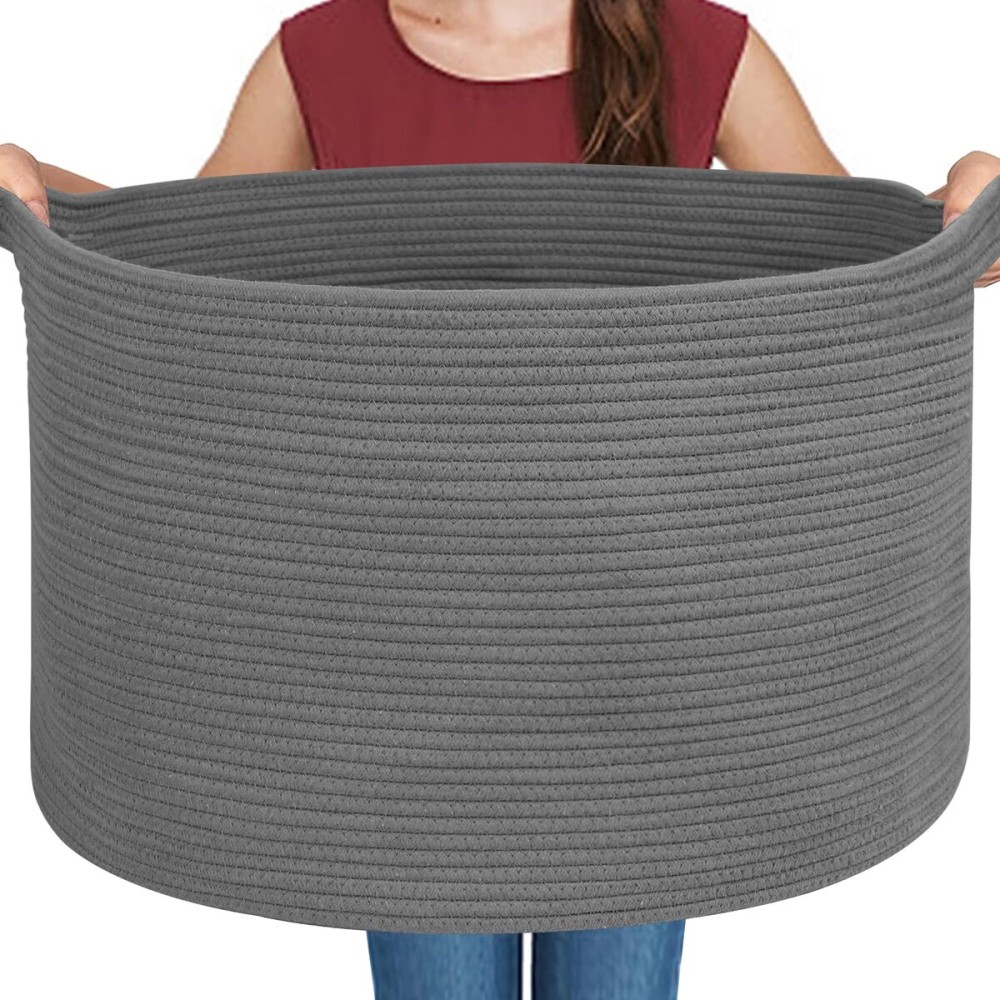 MEGASKET Large Dark Grey Storage Basket, Woven Cotton Rope Baskets for Storage, Big Blanket Organizer Storage Basket for Living Room, Kids Room Toy Storage Organizer Box, Blanket Keeper (22x14)