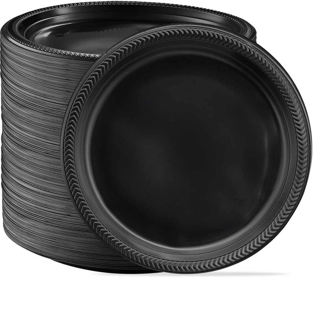 PLASTICPRO 400 PCS Black Plastic Plates Light Weight 10\'\' Inch Plastic Dinner Plates Black Plates Disposable for Party and Wedding