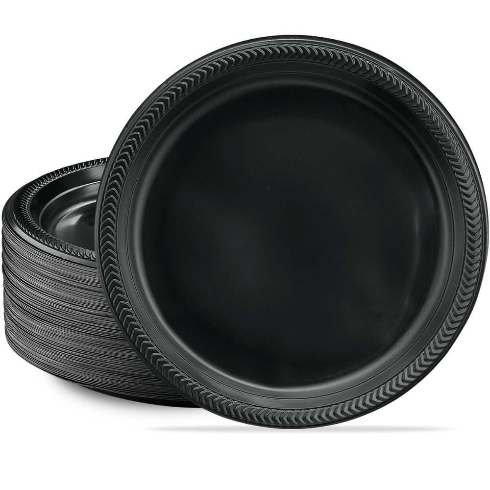PLASTICPRO 100 PCS Black Plastic Plates Light Weight 10\'\' Inch Plastic Dinner Plates Black Plates Disposable for Party and Wedding