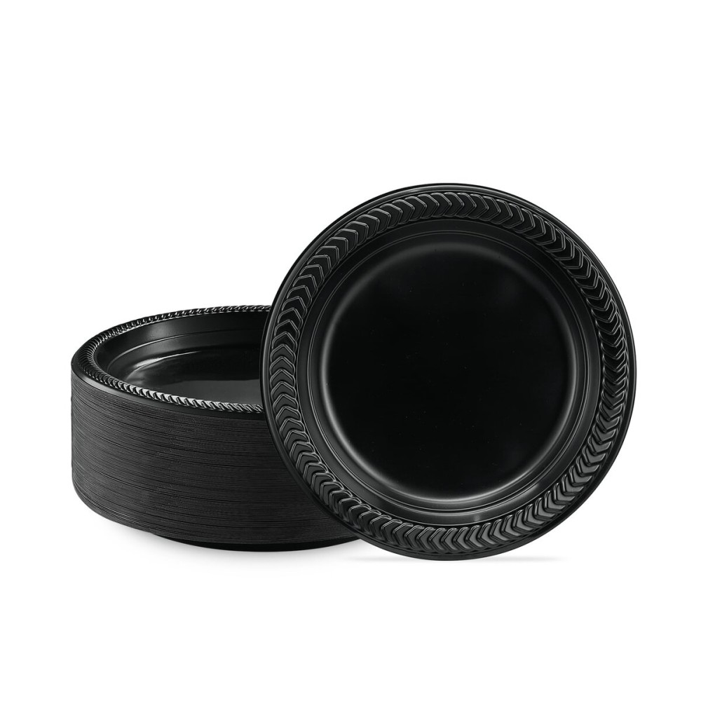 PLASTICPRO 200 PCS Black Plastic Plates Light Weight 7 Inch Plastic Dinner Dessert Appetizer Plates Black Plates Disposable for Party and Wedding