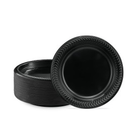 PLASTICPRO 200 PCS Black Plastic Plates Light Weight 7 Inch Plastic Dinner Dessert Appetizer Plates Black Plates Disposable for Party and Wedding