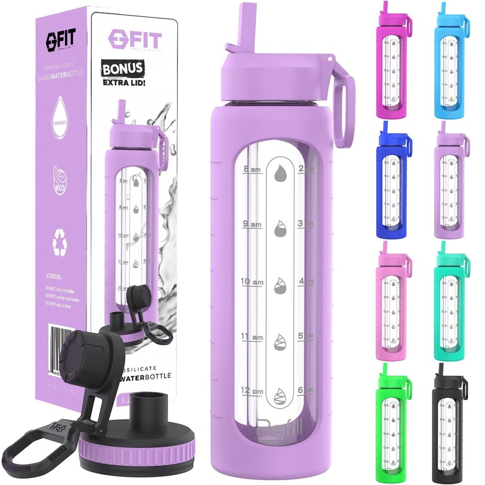 FIT Strong & Healthy 32 oz Glass Water Bottle with Straw Lid, Wide Mouth Borosilicate Glass Water Bottles with Time Marker, Silicone Sleeve & Extra Lid, 1L Large Motivational Drinking Bottle, Lavender