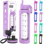FIT Strong & Healthy 32 oz Glass Water Bottle with Straw Lid, Wide Mouth Borosilicate Glass Water Bottles with Time Marker, Silicone Sleeve & Extra Lid, 1L Large Motivational Drinking Bottle, Lavender