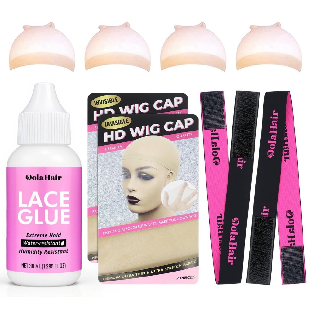 Dolahair Lace Glue, 1.3 Ounce, Waterproof, Extreme Hold, Invisible Bonding for Wigs & Hair Systems, Includes 2 Elastic Bands