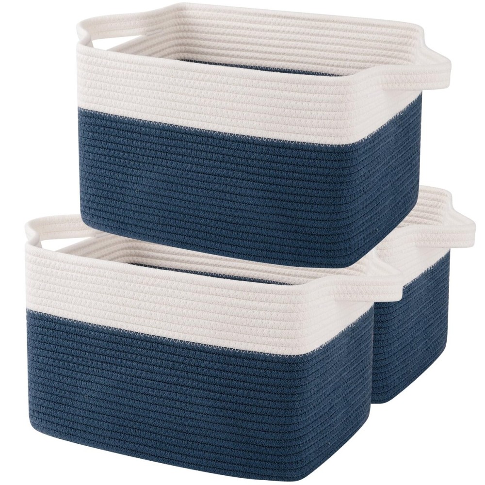 OIAHOMY Storage Baskets - Woven Cotton Rope Baskets for Shelves, Toy Towel Organizer Bins, Pack of 3, Blue & White
