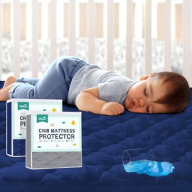 2 Pack Crib Mattress Protector Sheets Fitted Waterproof Crib Mattress Pad Cover, Noiseless & Machine Wash 100% Absorbent Toddler Mattress Protector Sheet Quilted, Gray&Navy, 52 x 28