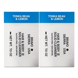 Bravo Sierra Body and Hair Mens Soap Bar, 2-Pack - All-In-One Shampoo & Soap for Face, Hair & Body - Tonka Bean & Lemon, 7 oz - Coconut, Shea Butter & Oat Flour for Soft Skin & Healthy Hair