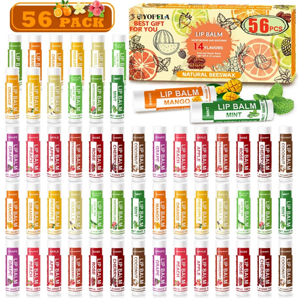 Yopela 56 Pack Natural Lip Balm in Bulk with Vitamin E and Coconut Oil - Moisturizing, Soothing, and Repairing Dry and Chapped Lips - 14 Flavors - Non-GMO Valentine\'s Gift