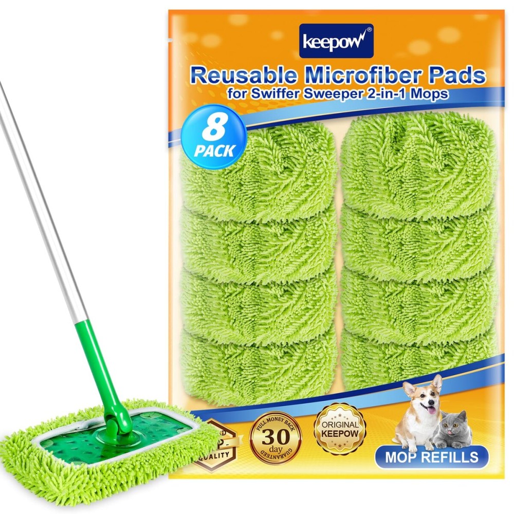 KEEPOW Reusable Microfiber Mop Pads Compatible with Swiffer Sweeper Mop, Dry Sweeping Cloths, Washable Wet Mopping Cloth Refills for Surface/Hardwood Floor Cleaning, 8 Pack (Mop is Not Included)