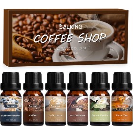 SALKING Coffee Shop Fragrance Oils Set, Premium Essential Oils Set for Diffuser, Scented Oil for Soap & Candle Making - Blueberry Pancakes, Coffee, Caf Latte, Hot Chocolate, French Vanilla, Black Tea
