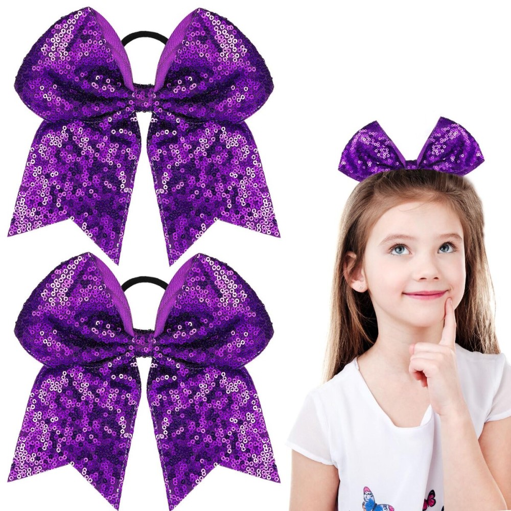 2 Packs Jumbo Cheerleading Bow 8 Inch Large Cheer Hair Bows with Ponytail Holder for Teen Girls Softball Outfit Uniform(Sequin Purple)