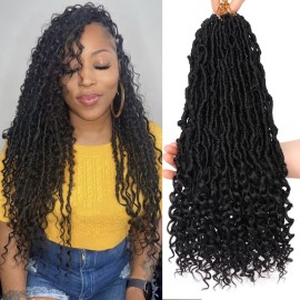 Leeven 7 Packs Faux Locs With Curly Ends 18 Inch Pre-looped Goddess Locs Crochet Hair 84 Strands Natural Black Crochet Bohemian Soft Locs Braiding Hair Extensions With Curls for Women 1B
