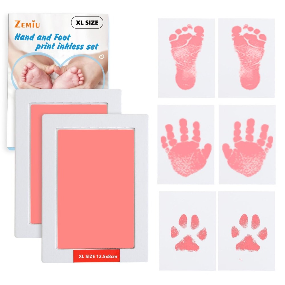 Zemiu 2 Pack Large Clean-Touch Ink Pads, Baby Handprints and Footprints for 0-18 Months, Inkless Hand and Footprint Kit,Baby Print,DIY Newborn Keepsake Gifts,Cat/Dog Paw Print Kit-Pink