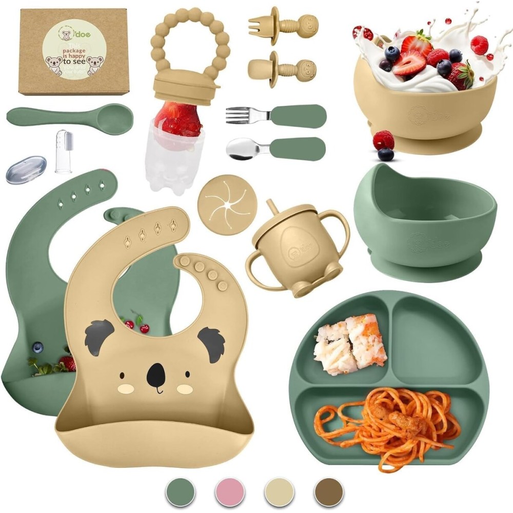O\'doe 17-Piece BPA-Free Silicone Baby Feeding Set | Thick & Soft Suction Plates, Baby Bowls, Wooden Fork & Spoon, and More | Make Mealtime Fun and Easy for Your Little One (Beige and Green, V3)