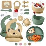 O\'doe 17-Piece BPA-Free Silicone Baby Feeding Set | Thick & Soft Suction Plates, Baby Bowls, Wooden Fork & Spoon, and More | Make Mealtime Fun and Easy for Your Little One (Beige and Green, V3)