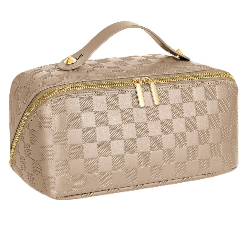 Large Capacity Travel Cosmetic Bag - Portable Makeup Bags for Women Waterproof PU Leather Checkered Makeup Organizer Bag with Dividers and Handle,Toiletry Bag for Cosmetics, Khaki