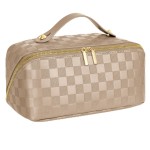 Large Capacity Travel Cosmetic Bag - Portable Makeup Bags for Women Waterproof PU Leather Checkered Makeup Organizer Bag with Dividers and Handle,Toiletry Bag for Cosmetics, Khaki