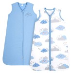 TILLYOU 2 Pack Infant Sleep Sack 0-6 Months 100% Cotton Wearable Blanket 0.5 TOG Sleeveless Summer Sleep Sacks with 2-Way Zipper, Small Cloud & Blue