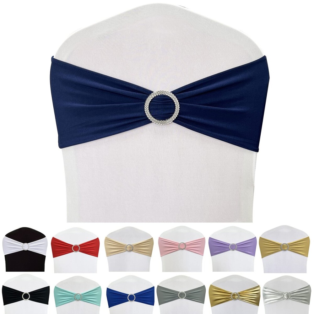 Maiangel Spandex Chair Sashes Bands 50PCS Stretch Chair Ties Bows with Buckle Slider for Wedding Party Banquet Decoration (Navy Blue)