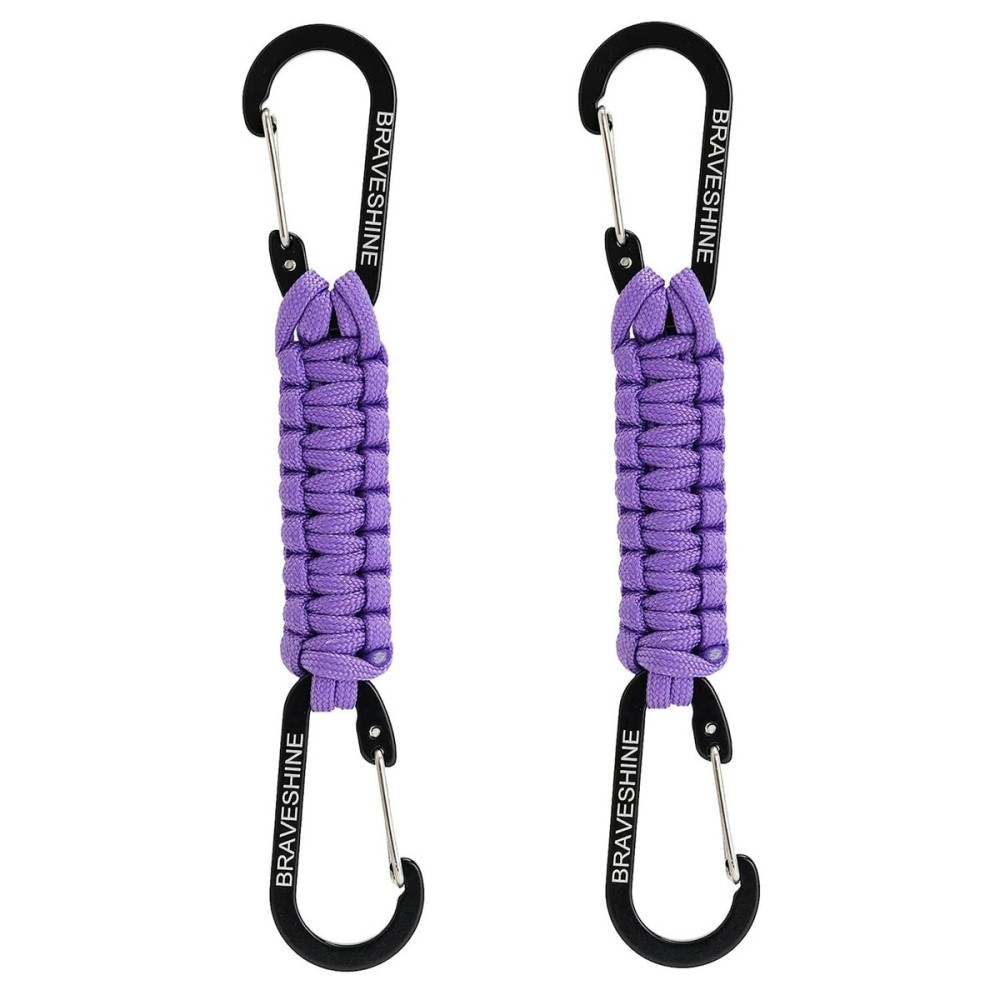 BRAVESHINE 2 Pack Purple Paracord Keychain Hook Carabiner Clips, Lanyard Hanger with D Ring Hooks Heavy-Weight Stroller Hook Holder for Water Bottle, Key, Backpack, Tools, Boys, Girls, Men, Women