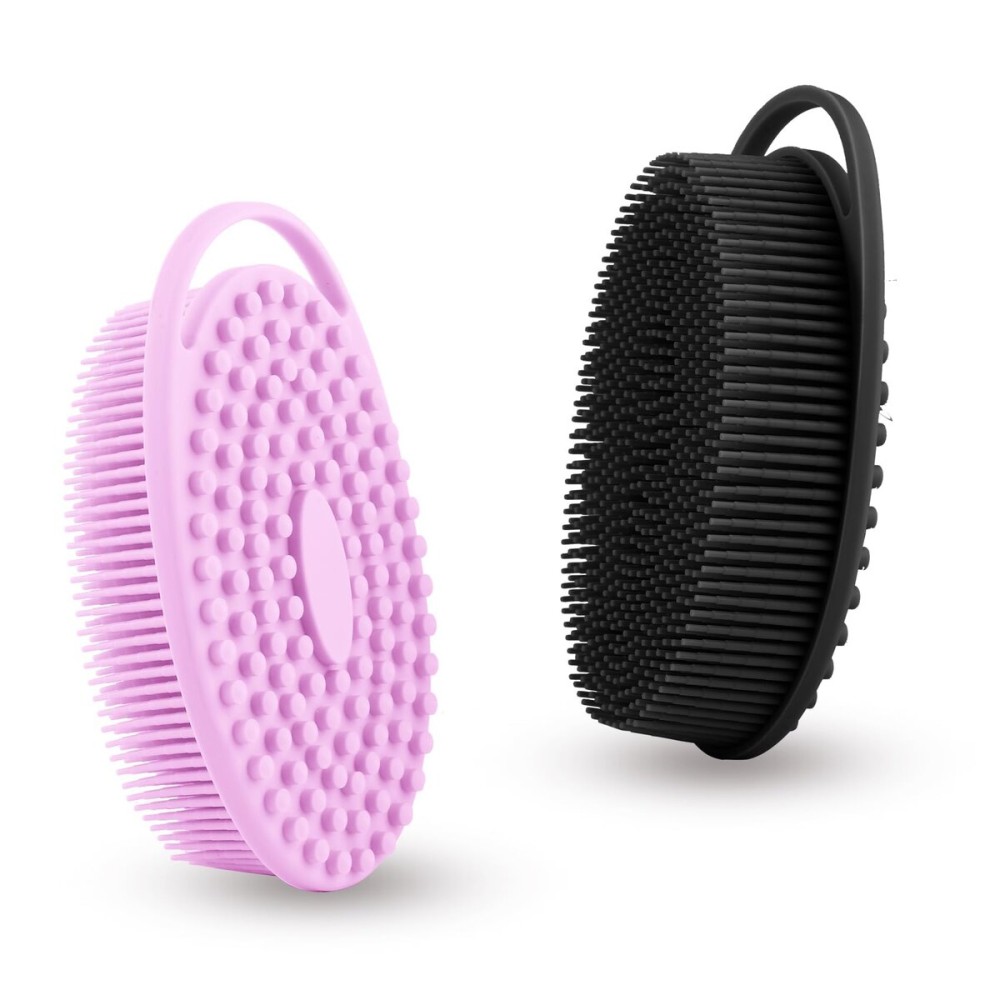 Soft Silicone Body Shower Exfoliating Silicone Body Scrubber, Silicone Loofah 2 in 1 Bath and Shampoo Brush, Body Scrubber Shower Easy to Clean for Sensitive Skin, Lather Well 2 PCS Black and Purple
