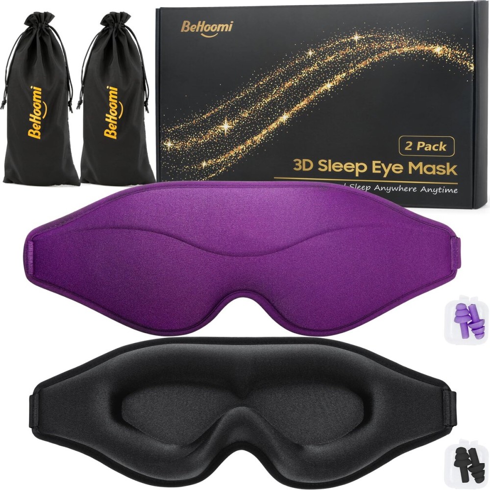BeHoomi Sleep Mask, 2 Packs Premium Eye Mask for Sleeping, Total Blackout, Superior Soft Comfort, Upgraded 3D Ergonomic Designed Sleeping Mask for Home, Office, Travel, Meditation, Black & Purple