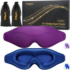 BeHoomi Sleep Mask, 2 Packs Premium Eye Mask for Sleeping, Total Blackout, Superior Soft Comfort, Upgraded 3D Ergonomic Designed Sleeping Mask for Home, Office, Travel, Meditation, Yoga, Blue & Purple