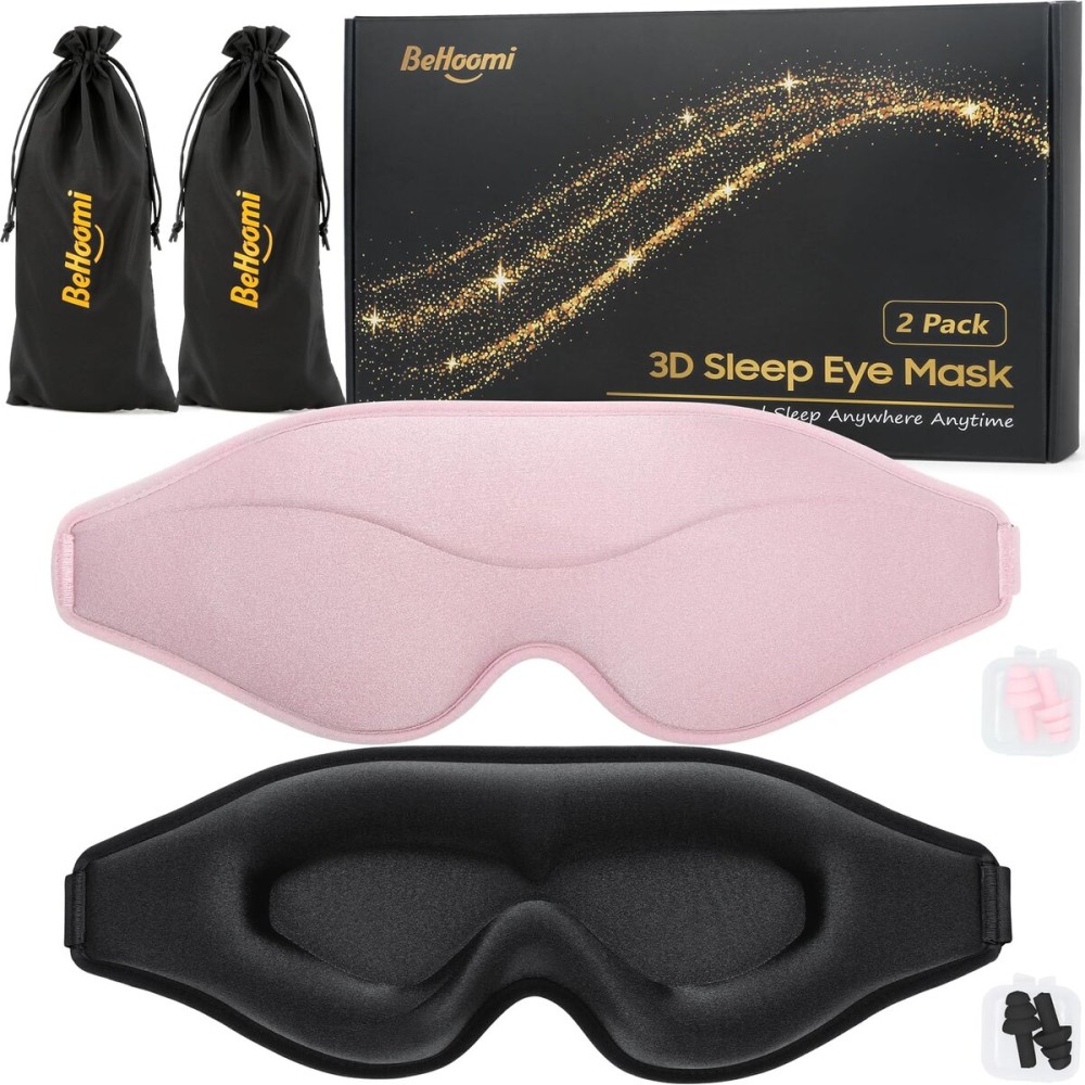 BeHoomi Sleep Mask, 2 Packs Premium Eye Mask for Sleeping, Total Blackout, Superior Soft Comfort, Upgraded 3D Ergonomic Designed Sleeping Mask for Home, Office, Travel, Meditation, Yoga, Black & Pink