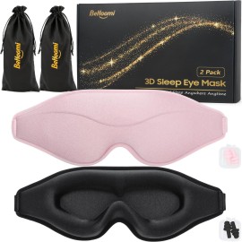 BeHoomi Sleep Mask, 2 Packs Premium Eye Mask for Sleeping, Total Blackout, Superior Soft Comfort, Upgraded 3D Ergonomic Designed Sleeping Mask for Home, Office, Travel, Meditation, Yoga, Black & Pink
