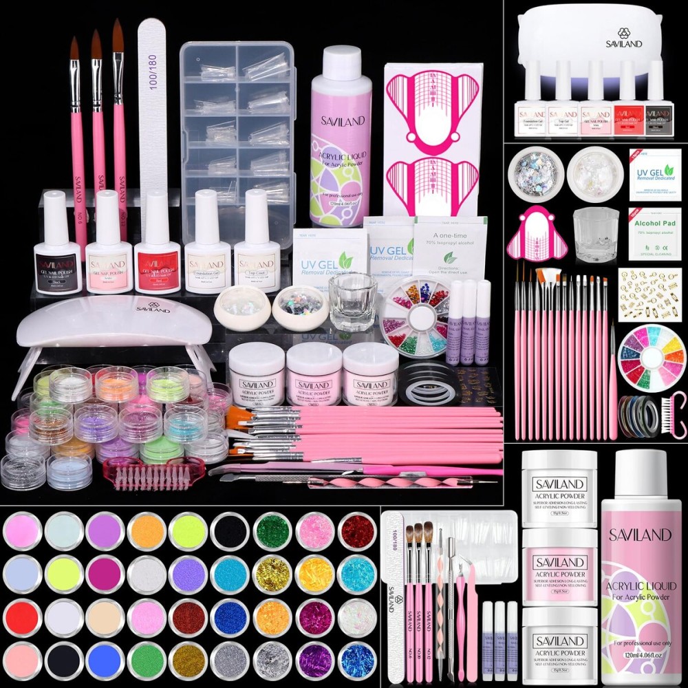 SAVILAND Acrylic Nail Kit with Drill: Professional Acrylic Nail Set for Beginners with Everything U V Light 3 Colors Gel Polish Decorations Nails Tools for Home Salon Use Christmas Gift Set