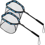 PLUSINNO Floating Fishing Net for Steelhead, Salmon, Fly, Kayak, Catfish, Bass, Trout Fishing, Rubber Coated Foldable Landing Net with Fixed Pole Handle, Fishing Gear and Gifts for Men - 2 Pack