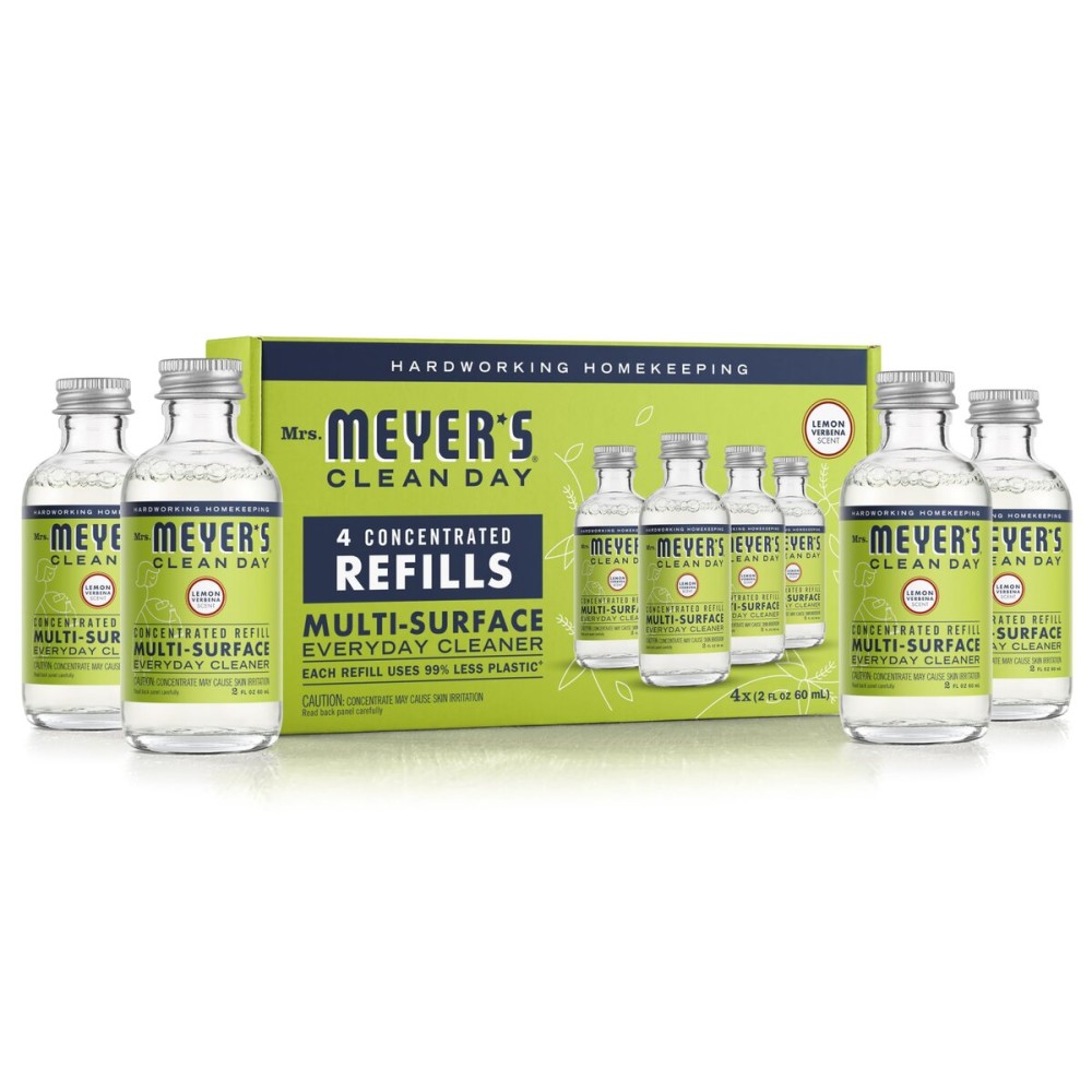 MRS. MEYER\'S CLEAN DAY Multi-Surface Everyday Cleaner Concentrated Refills, 4 Concentrated Refills (2 Fl. Oz. each), Lemon Verbena Scent, Makes 64 Fl. Oz. Total