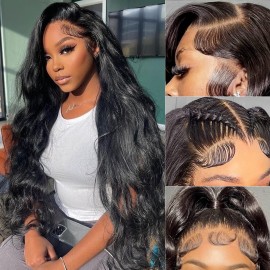 XUBULO Body Wave Lace Front Wigs Human Hair - 13x4 HD Transparent Lace Frontal Wigs Human Hair 180% Density Brazilian Virgin Glueless Wigs Human Hair Pre Plucked with Baby Hair Natural Color 24 Inch