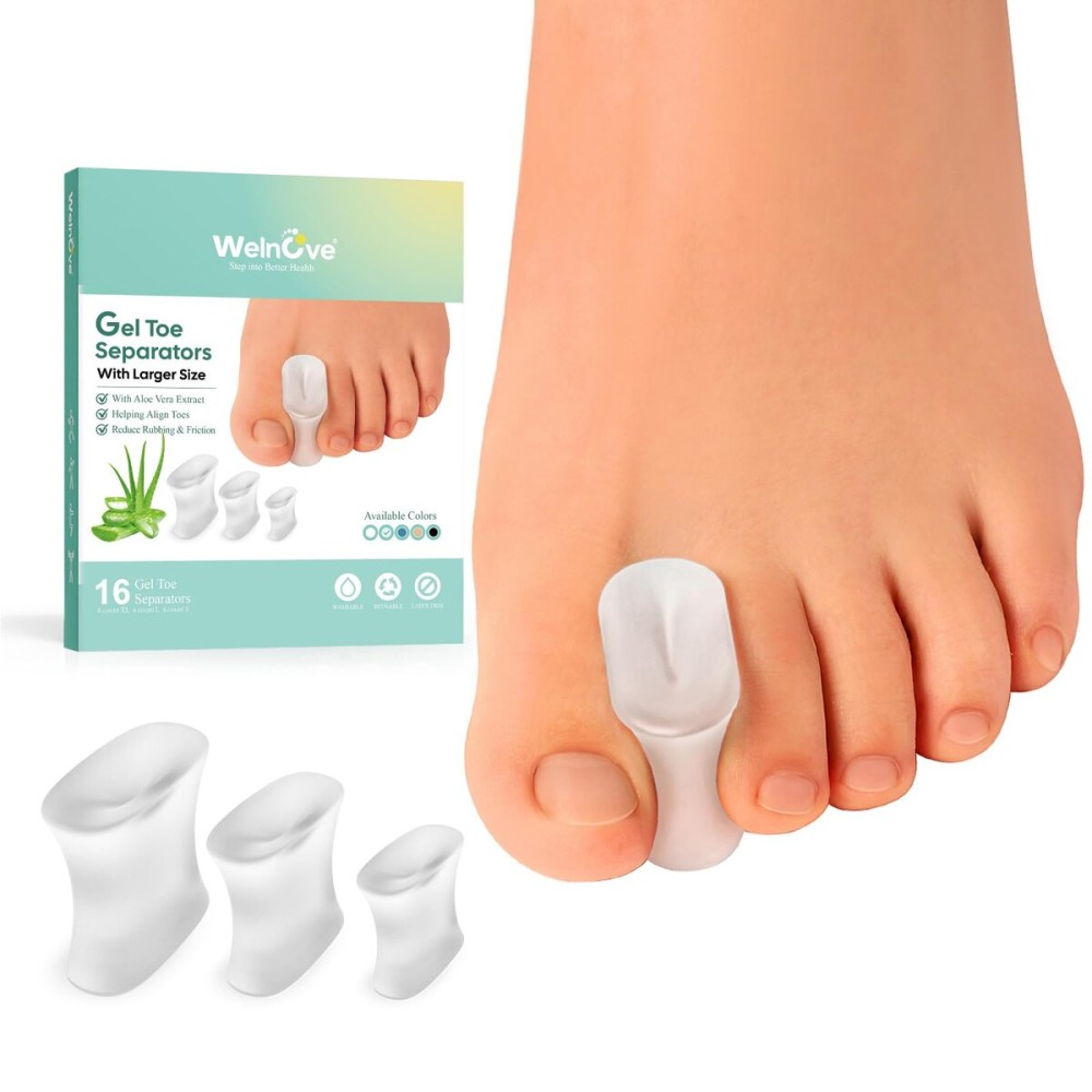 Welnove Upgraded Gel Toe Separators - 16-Pack Aloe Vera Extract Infused Silicone Toe Spacers for Straightening Overlapping Toes, Bunions, Calluses - Bunion Corrector for Men and Women (3 Sizes)