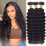 Deep Wave Human Hair Bundles, 100% Unprocessed Brazilian Virgin Hair, Deep Curly, Natural Black, Wet And Wavy Bundles - 3 Pack, Style Keep Texture Silky Soft, Hair Extension (14 16 18 Inch