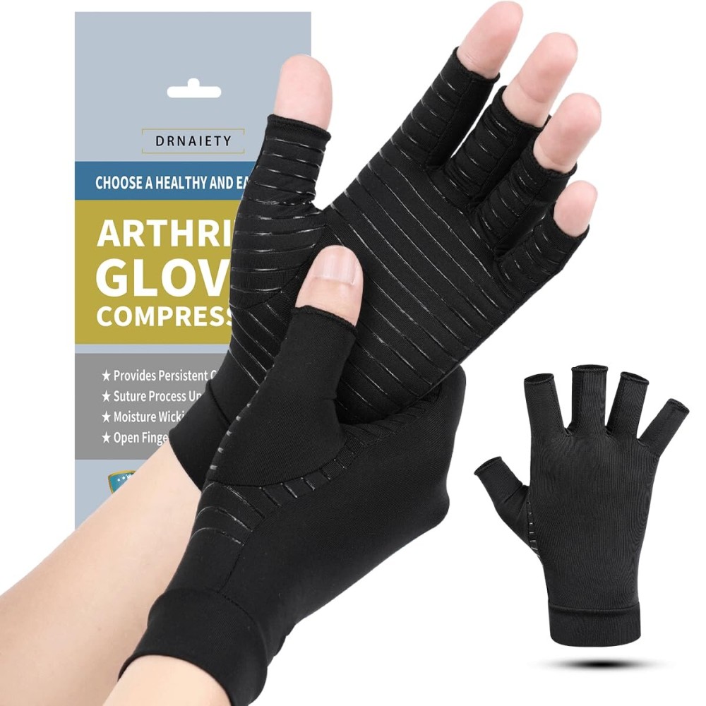 DRNAIETY Copper Arthritis Compression Gloves for Women and Men, for Arthritis Hand Pain, Anti-Slip, Fingerless, Comfortable for Work, Kept in Motion(S)