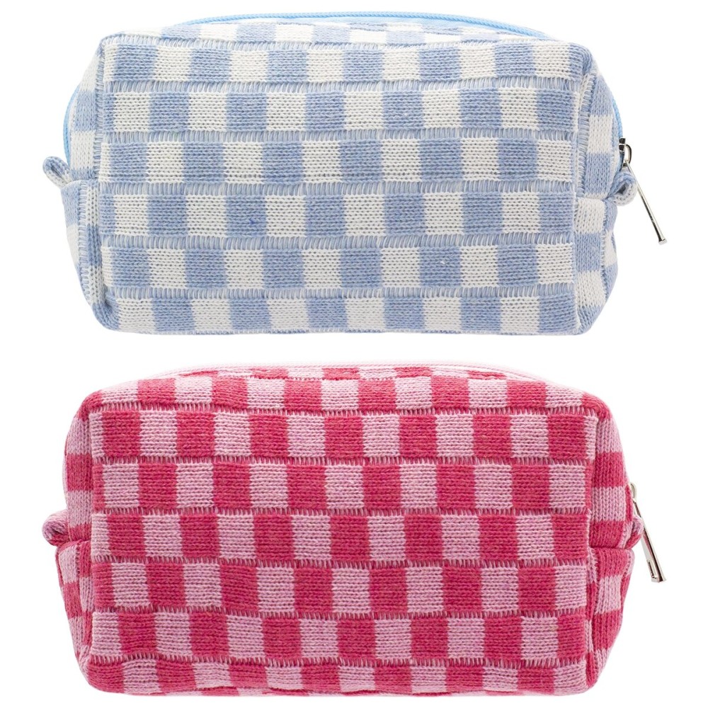 PAZIMIIK Checkered Makeup Bag for Purse Portable Zipper Make Up Pouch Small Cosmetic Case for Travel Accessories (2PCS Blue Hotpink)