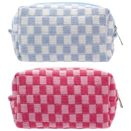 PAZIMIIK Checkered Makeup Bag for Purse Portable Zipper Make Up Pouch Small Cosmetic Case for Travel Accessories (2PCS Blue Hotpink)