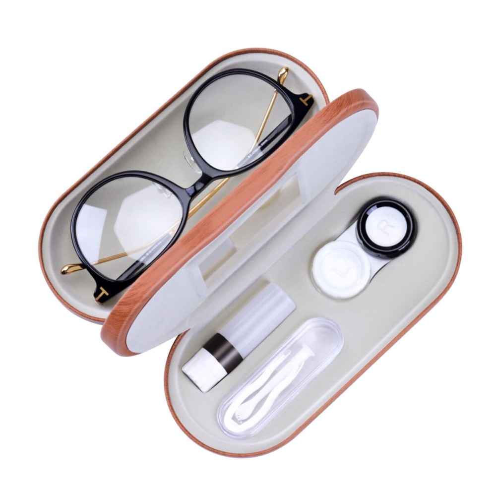Muf 2 in 1 Contact Lens Case and Glasses Case, Double Sided Design with Mirror, Portable Travel Kit with Tweezer, Remover and Solution Bottle, Walnut Wood