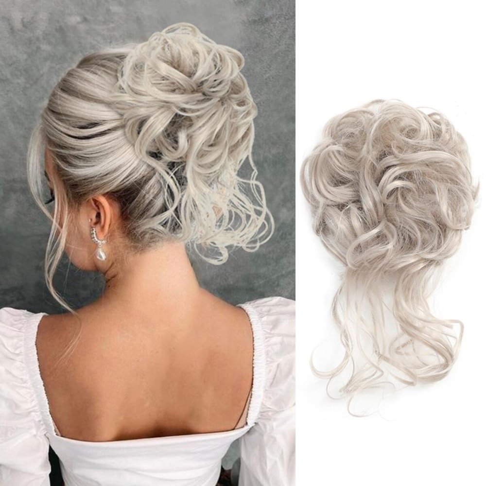 KETHBE Messy Bun Hair Piece Tousled Updo Hair Buns Extension Elastic Hair Band Hair Pieces Curly Hair Bun Scrunchie For Women (Flaxen Gray)