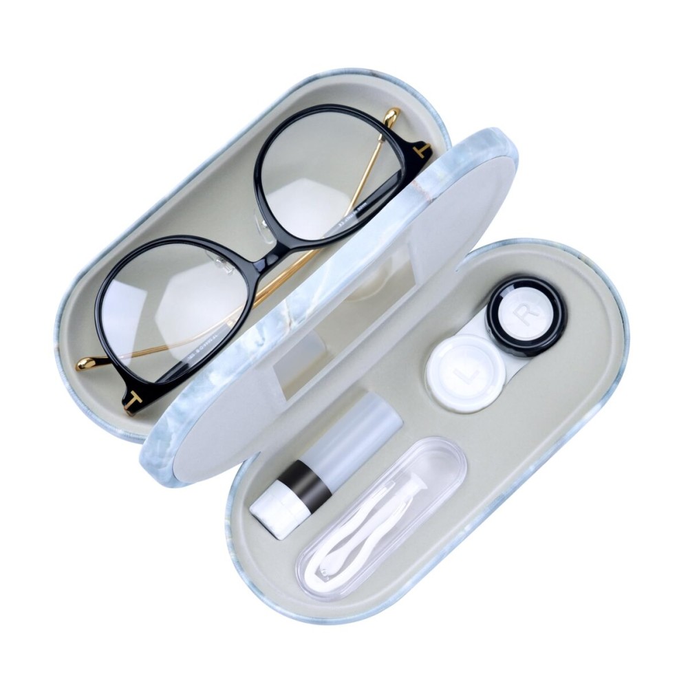 Muf 2 in 1 Contact Lens Case and Glasses Case, Double Sided Design with Mirror, Portable Travel Kit with Tweezer, Remover and Solution Bottle, Green Grey Marble
