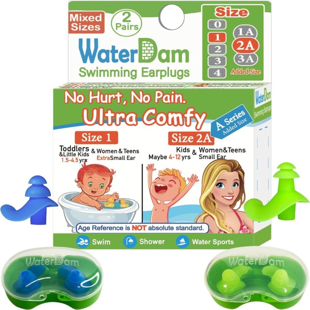 WaterDam A-Series Swimming Ear Plugs Ultra Comfy Great Waterproof Earplugs (Mixed Sizes, Size 1+2A: Small Ear Women Teens Kids (Blue Green))