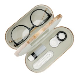 Muf 2 in 1 Contact Lens Case and Glasses Case, Double Sided Design with Mirror, Portable Travel Kit with Tweezer, Remover and Solution Bottle, Red Marble