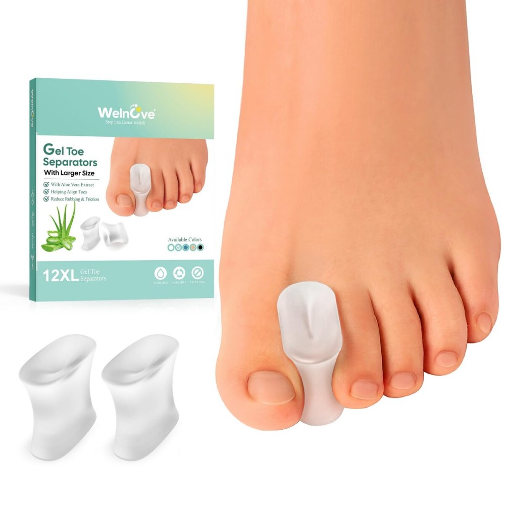 Welnove Upgraded Gel Toe Separators - 12-Pack Aloe Vera Extract Infused Silicone Toe Spacers for Straightening Overlapping Toes, Bunions, Calluses - Bunion Corrector for Men and Women (X-Large Size)