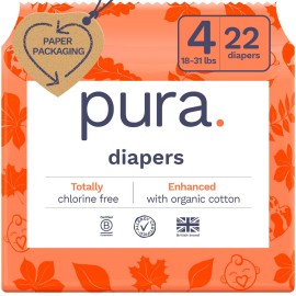 Pura Size 4 Eco-Friendly Diapers (18-31lbs) Totally Chlorine Free (TCF) Hypoallergenic, Soft Organic Cotton, Sustainable Comfort, up to 12 Hours Leak Protection, Allergy UK, 22 Diapers (Pack of 1)