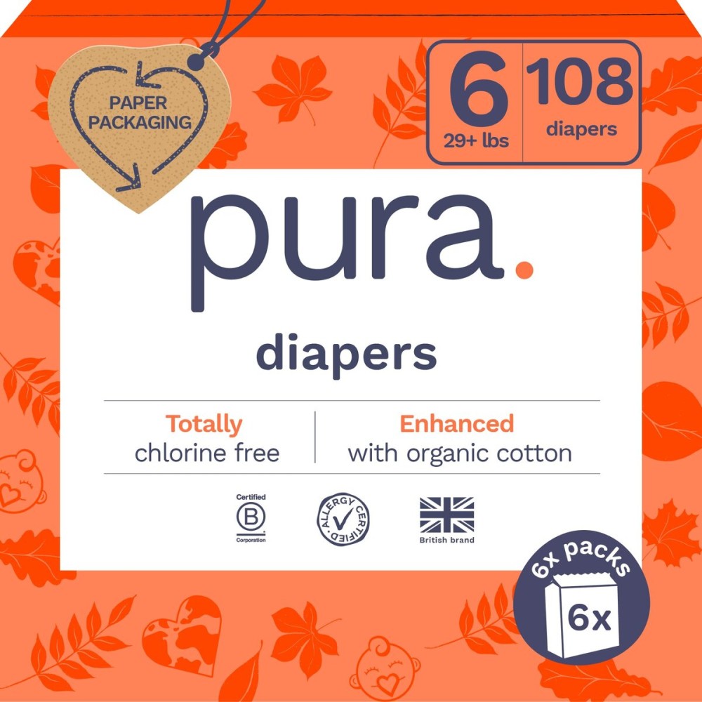 Pura Size 6 Eco-Friendly Diapers (29+ lbs) Totally Chlorine Free (TCF),Hypoallergenic, Soft Organic Cotton, Sustainable, up to 12 Hours Leak Protection, Allergy UK, 18 Count (Pack of 6),Total-108