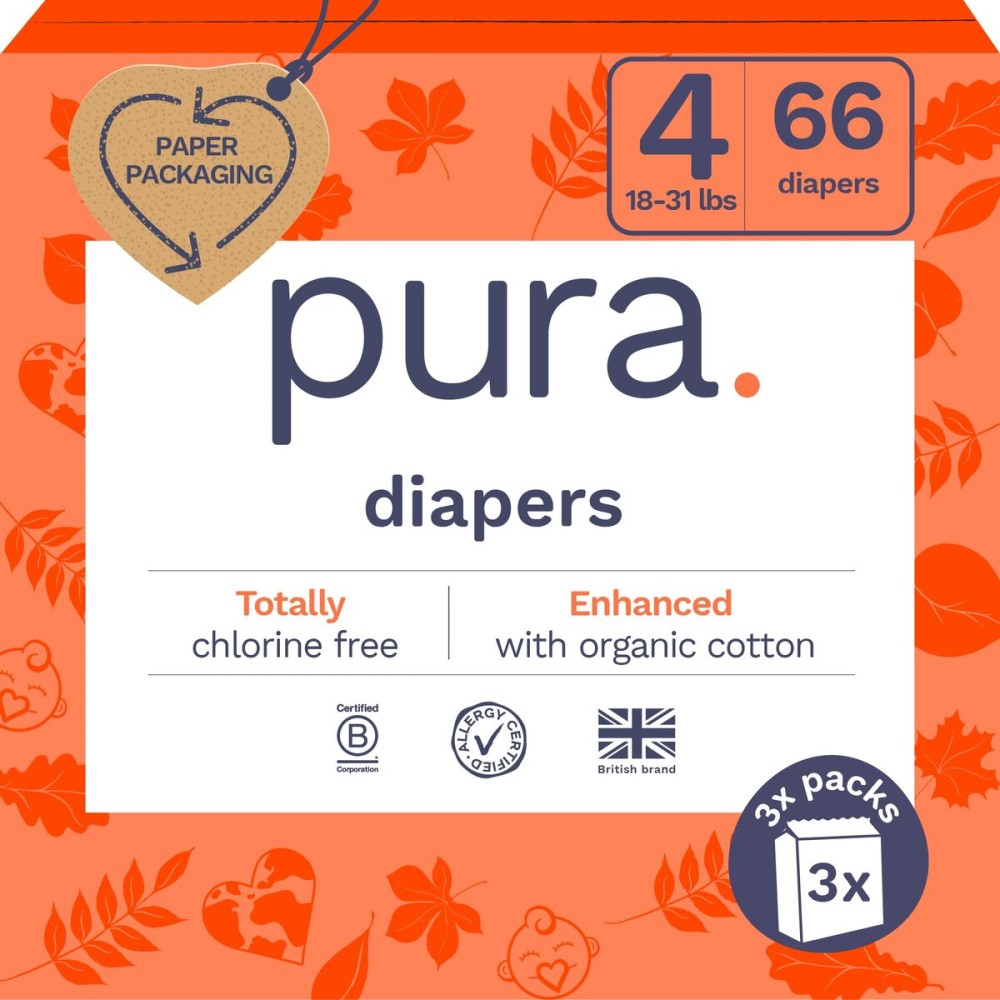 Pura Size 4 Eco-Friendly Diapers (18-31lbs) TCF Hypoallergenic, Soft Organic Cotton, Sustainable, up to 12 Hours Leak Protection, Allergy UK, Recyclable Packaging, 3 Packs of 22 (66 Diapers)