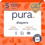 Pura Size 5 Eco-Friendly Diapers (24-35 lbs) Totally Chlorine Free (TCF), Hypoallergenic, Soft Organic Cotton, Sustainable, up to 12 Hours Leak Protection, Allergy UK, 6 Packs of 20 (120 Diapers)